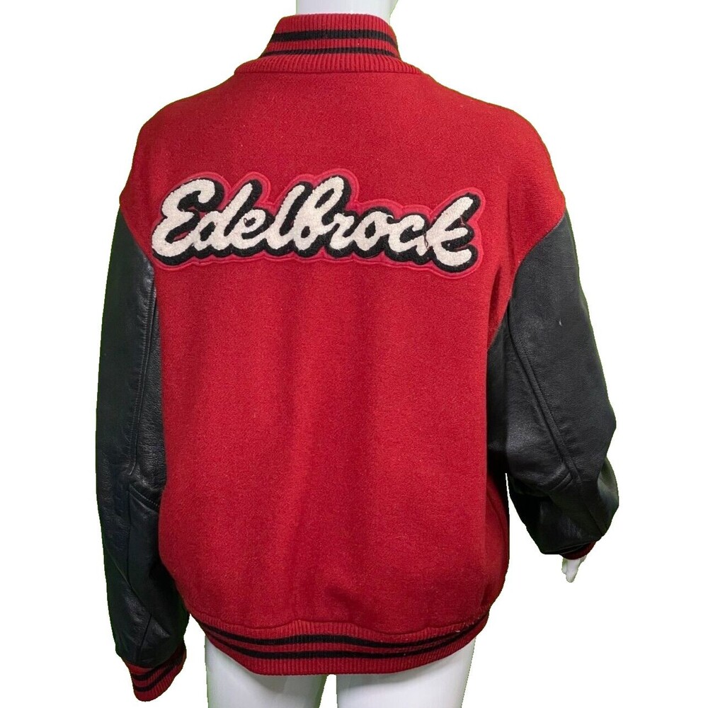 Edelbrock Vintage Racing Varsity Men' Red Bomber Jacket Large Heavy Wool Leather